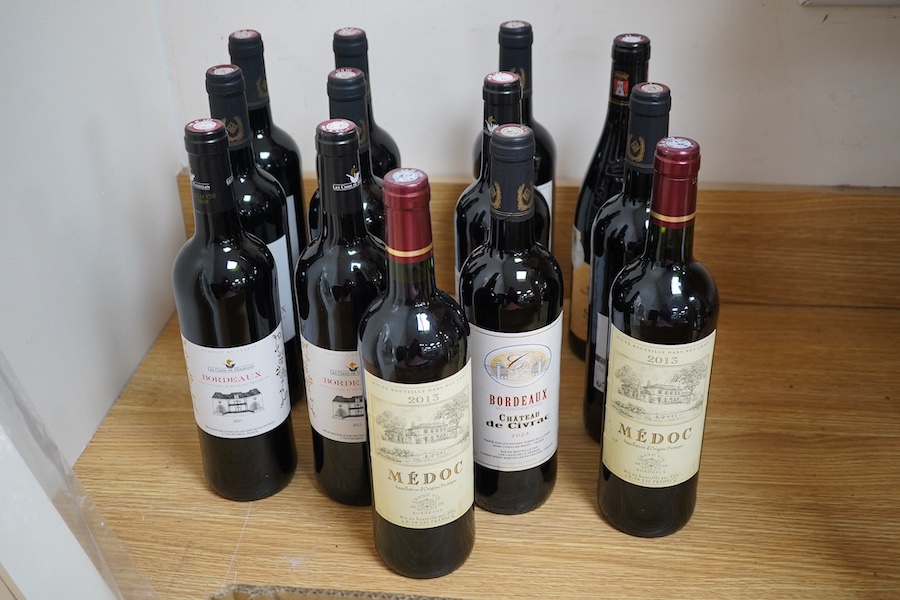 A group of thirteen bottles of various wines including Bordeaux Chateau de Civrac, Medoc Appellation d’Origine Protégée 2013, Les Chais De Magellan Bordeaux 2023, Excellence des Vignerons Sablet Cotes De Rhône Villages 2